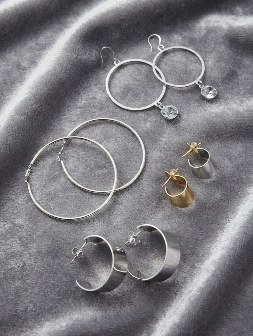 4-Pair Silver Earring Bundle - Crystal Drop Hoops & Chunky Huggies CC